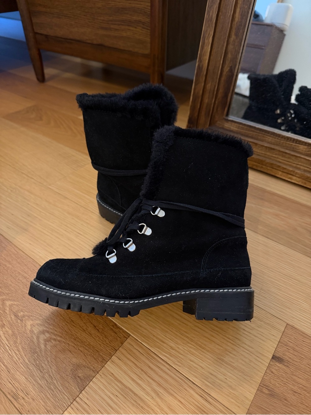 Stuart Weitzman Black Suede Fleece-Lined Lace-Up Ankle Boots